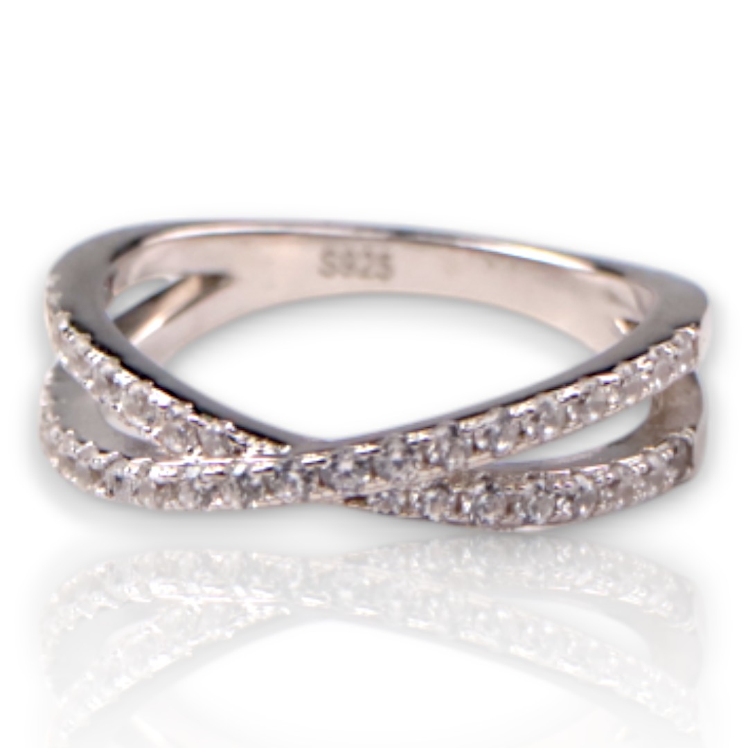 White Gold Plated Crossover Sterling Silver Ring with Sparkling Cubic Zirconia - Size 6-7