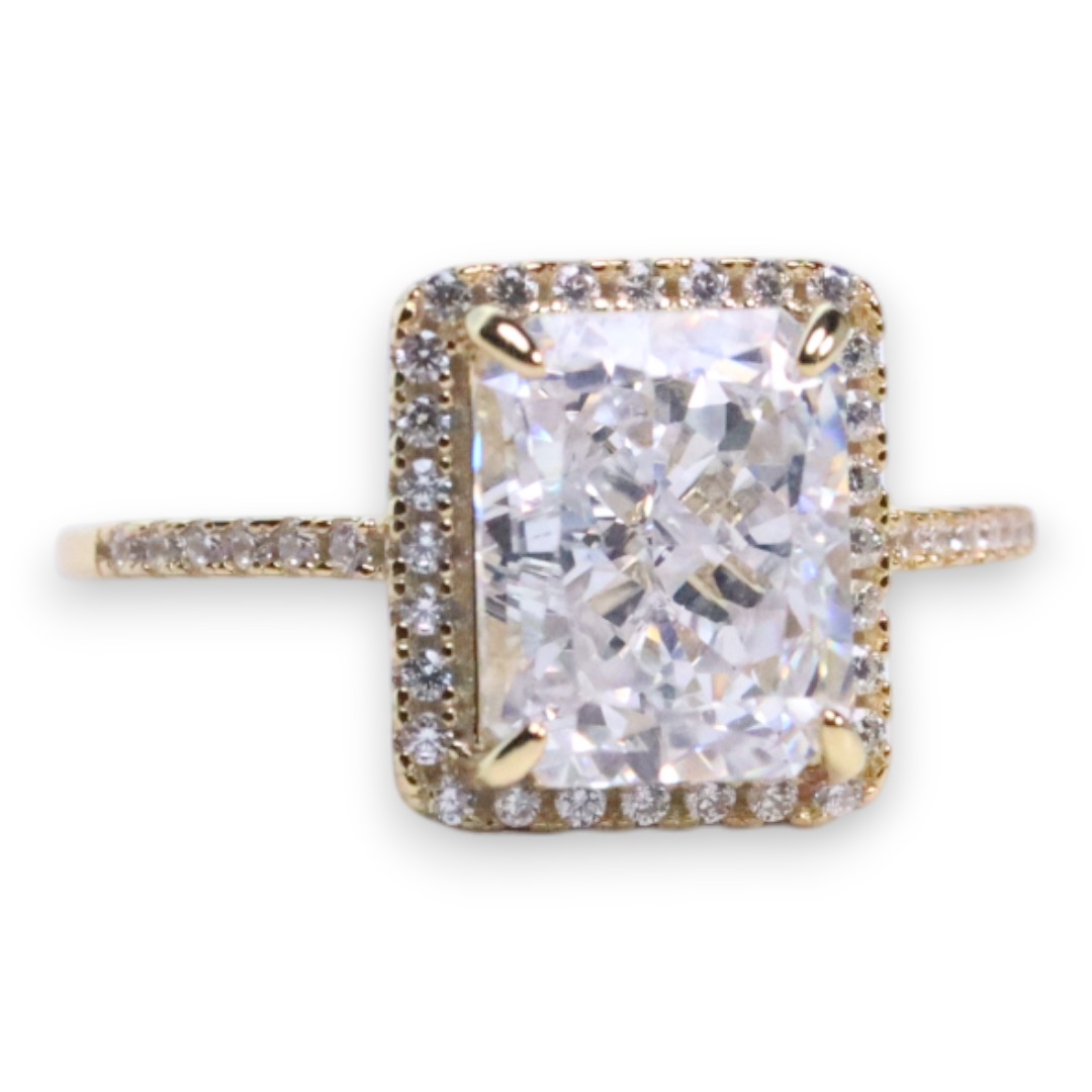 18K Gold Plated Sterling Silver Box Ring – Cubic Zirconia Luxury Jewelry - Size 7-8-9