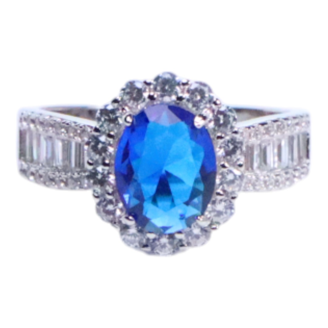 Elegant Blue Cubic Zirconia White Gold Plated Sterling Silver Ring - Size 7-8
