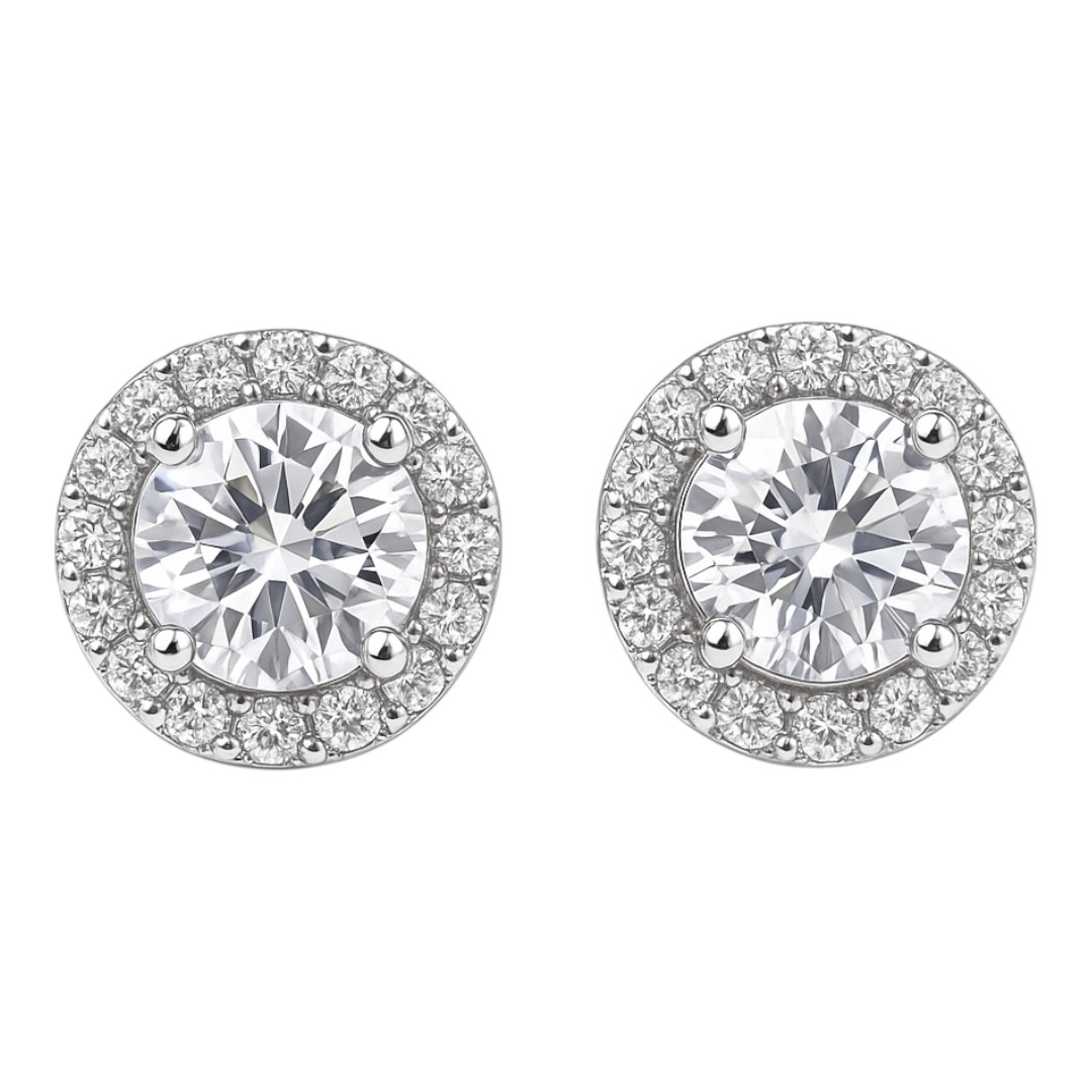Sterling Silver Cubic Zirconia Earrings | White Gold Plated Round Statement