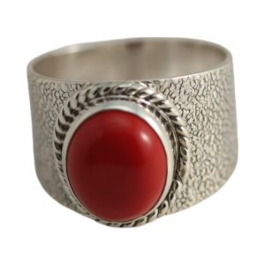 Splendor of a Genuine Red Coral Sterling Silver Ring - Size 7-8-9