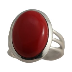 Stunning Red Coral Sterling Silver Oval Ring - Size 7-8