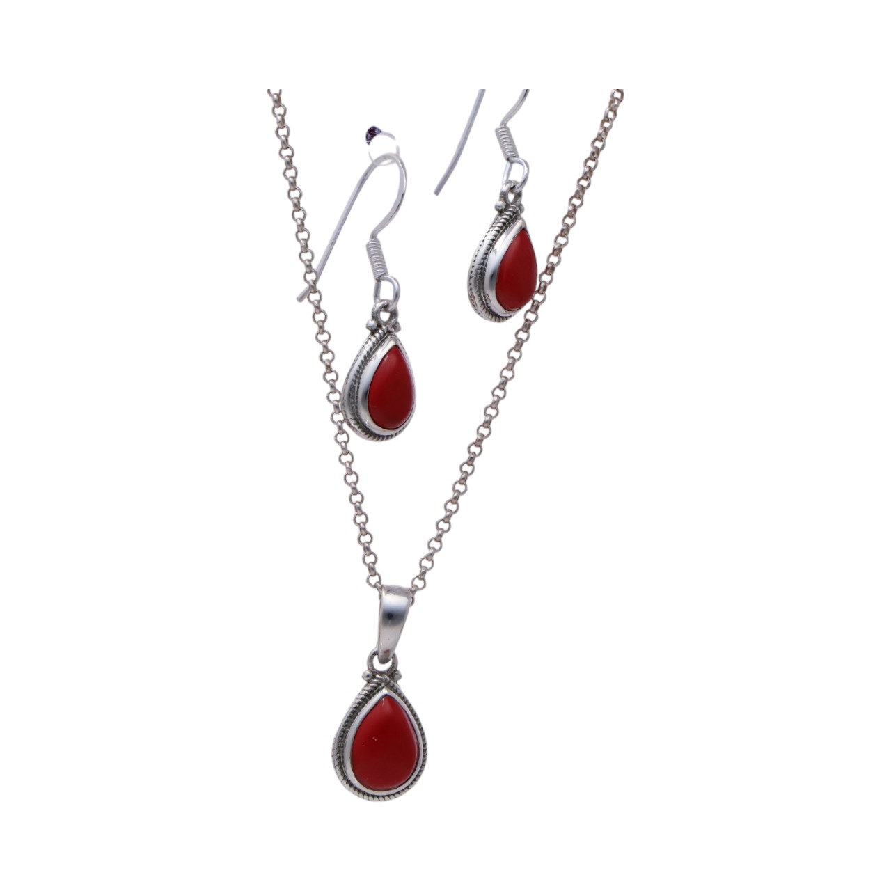 Tear drop Silver Red Coral Pendant & Earrings Set | Beauty and Elegance - Image 6