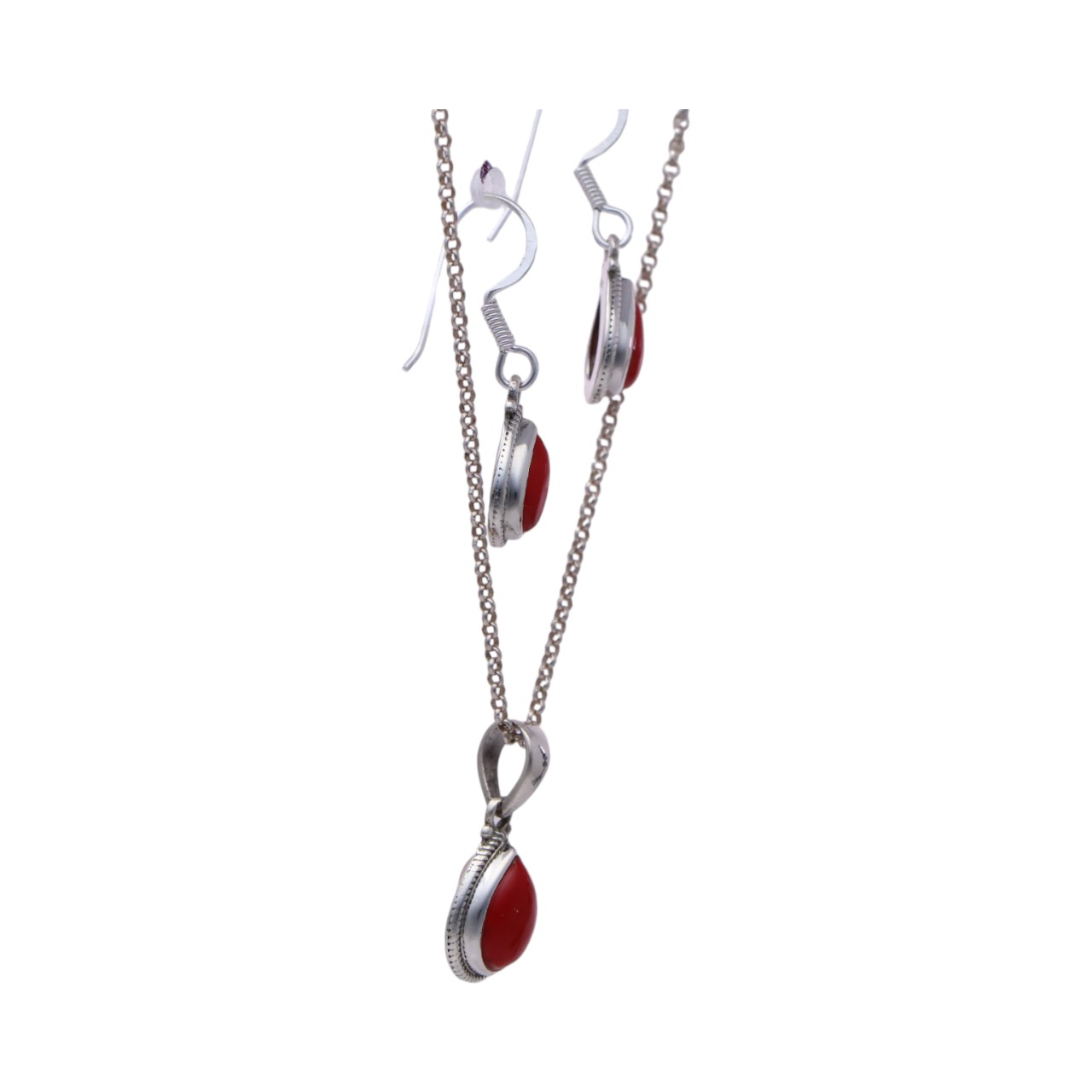 Tear drop Silver Red Coral Pendant & Earrings Set | Beauty and Elegance - Image 4