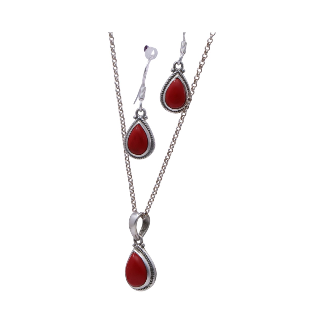Tear drop Silver Red Coral Pendant & Earrings Set | Beauty and Elegance - Image 5