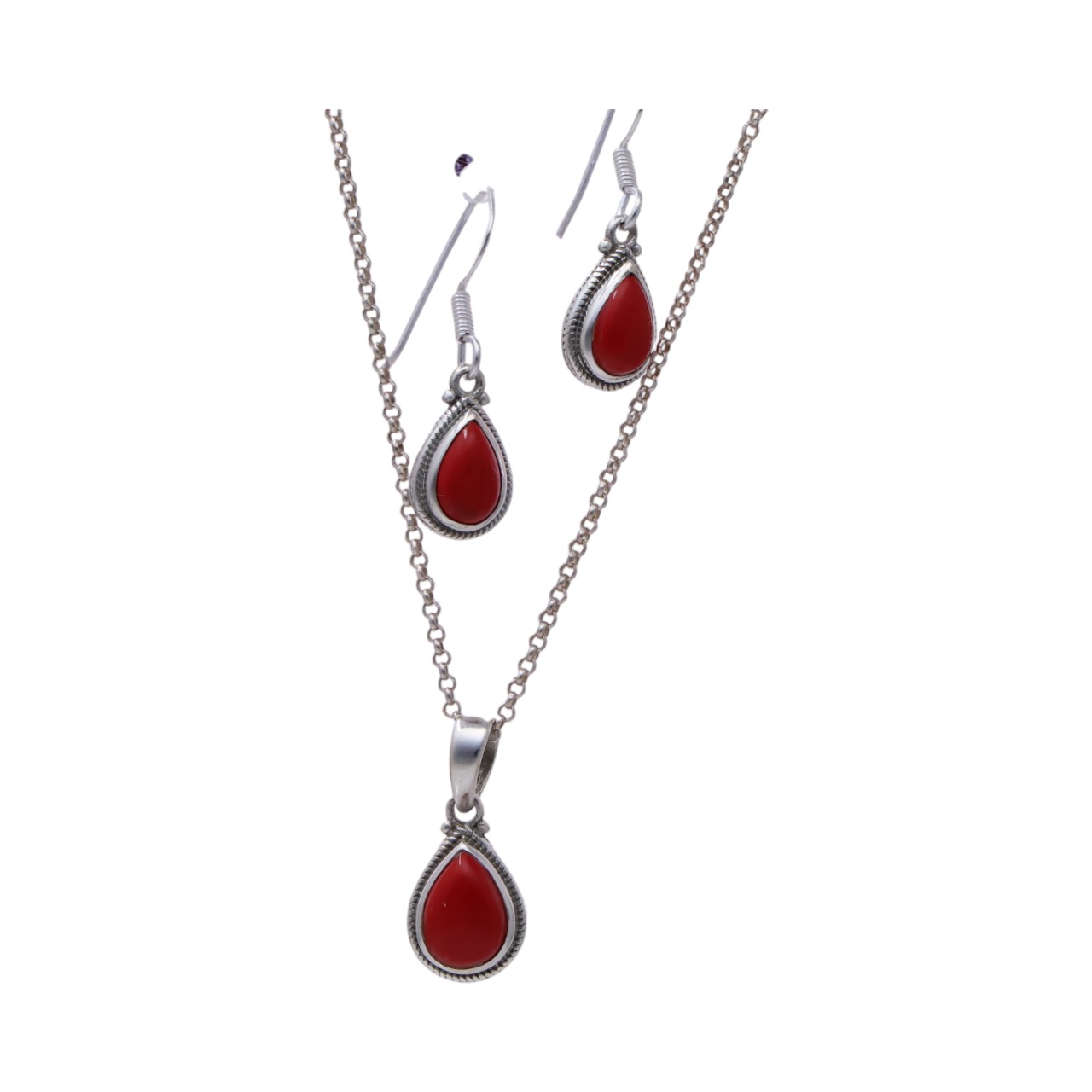 Tear drop Silver Red Coral Pendant & Earrings Set | Beauty and Elegance