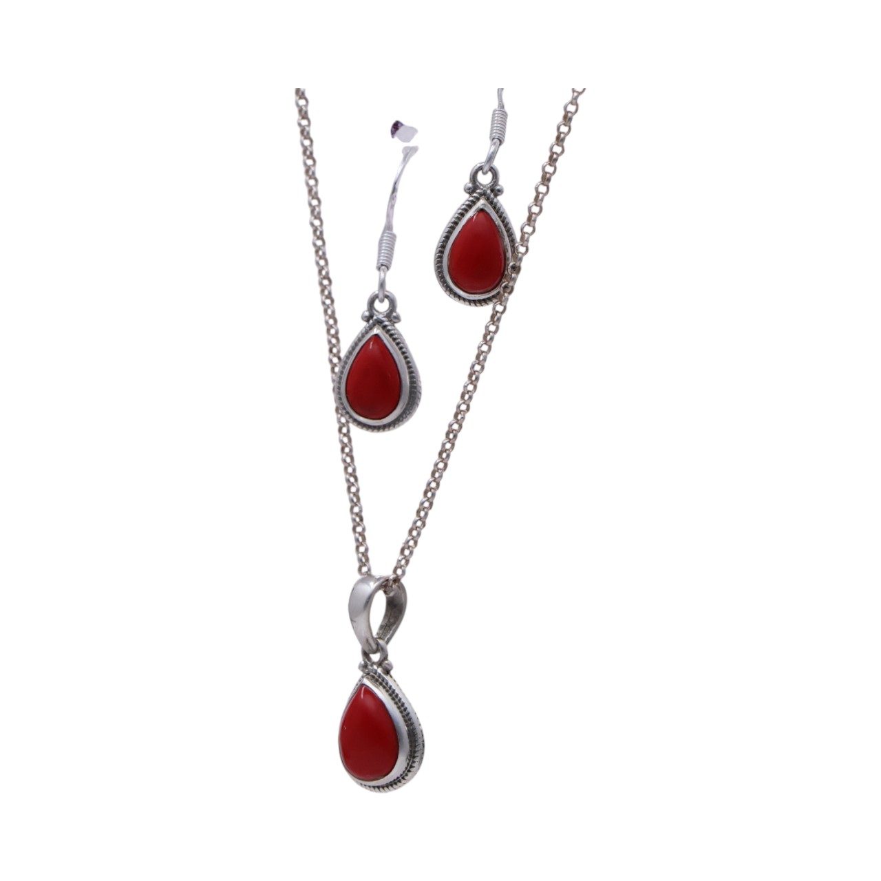 Tear drop Silver Red Coral Pendant & Earrings Set | Beauty and Elegance - Image 2