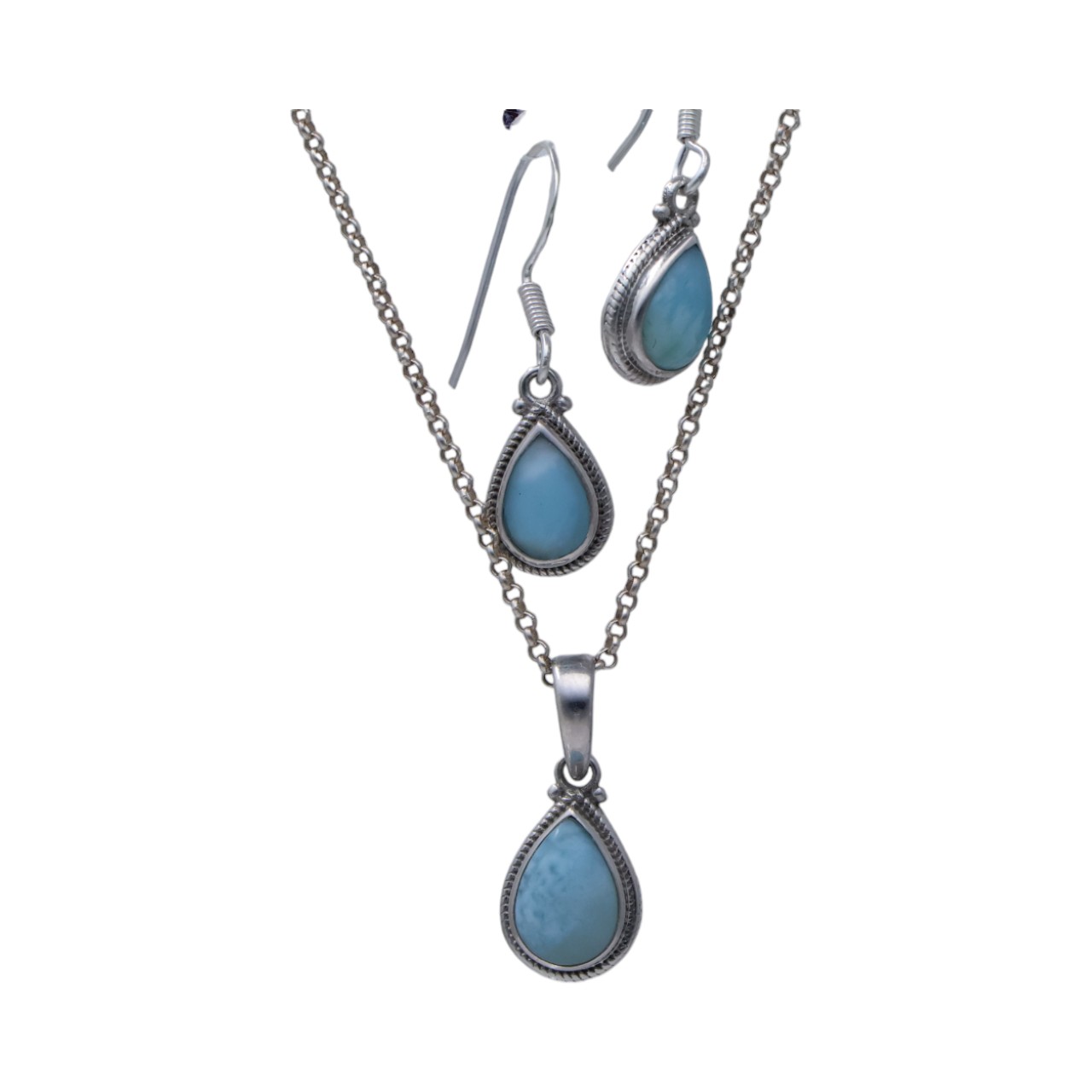 Sterling Silver Larimar Tear Drop Jewelry Set: Pendant and Earrings for