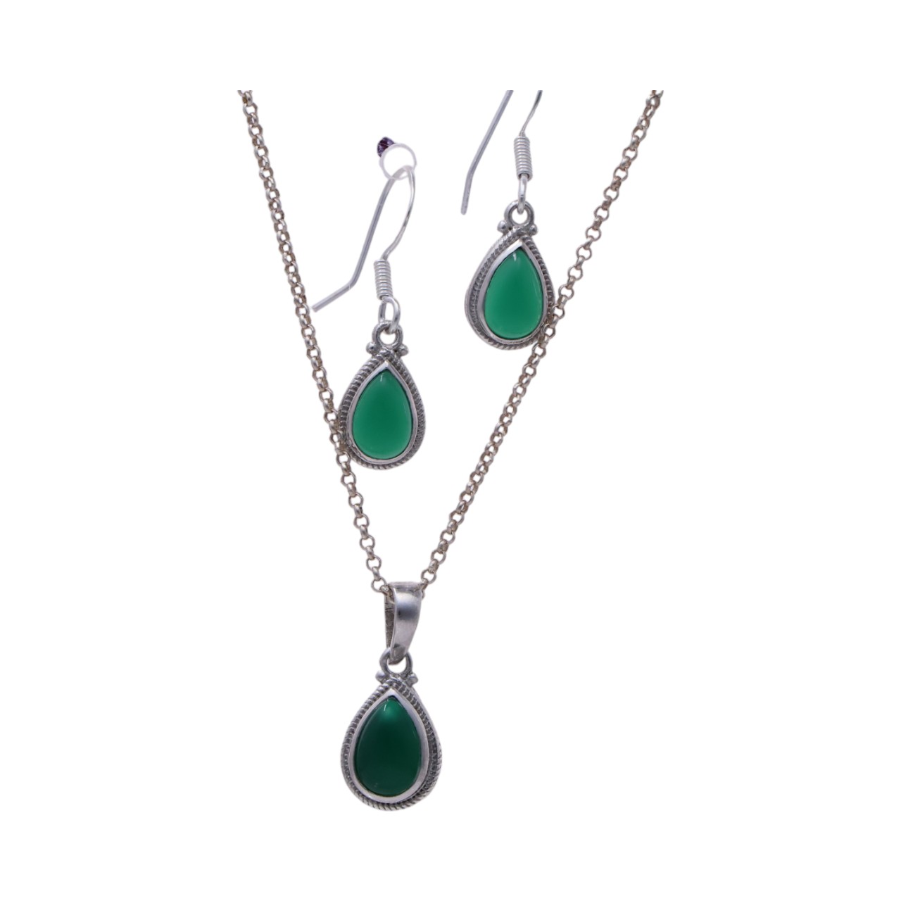 Green Onyx Tear Drop Sterling Silver Jewelry Set - Image 3
