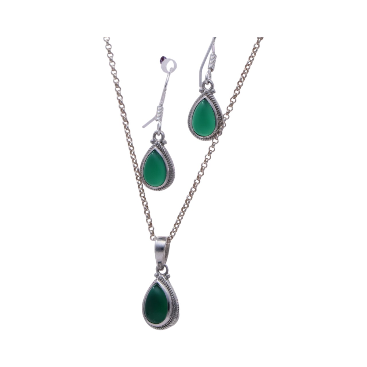 Green Onyx Tear Drop Sterling Silver Jewelry Set