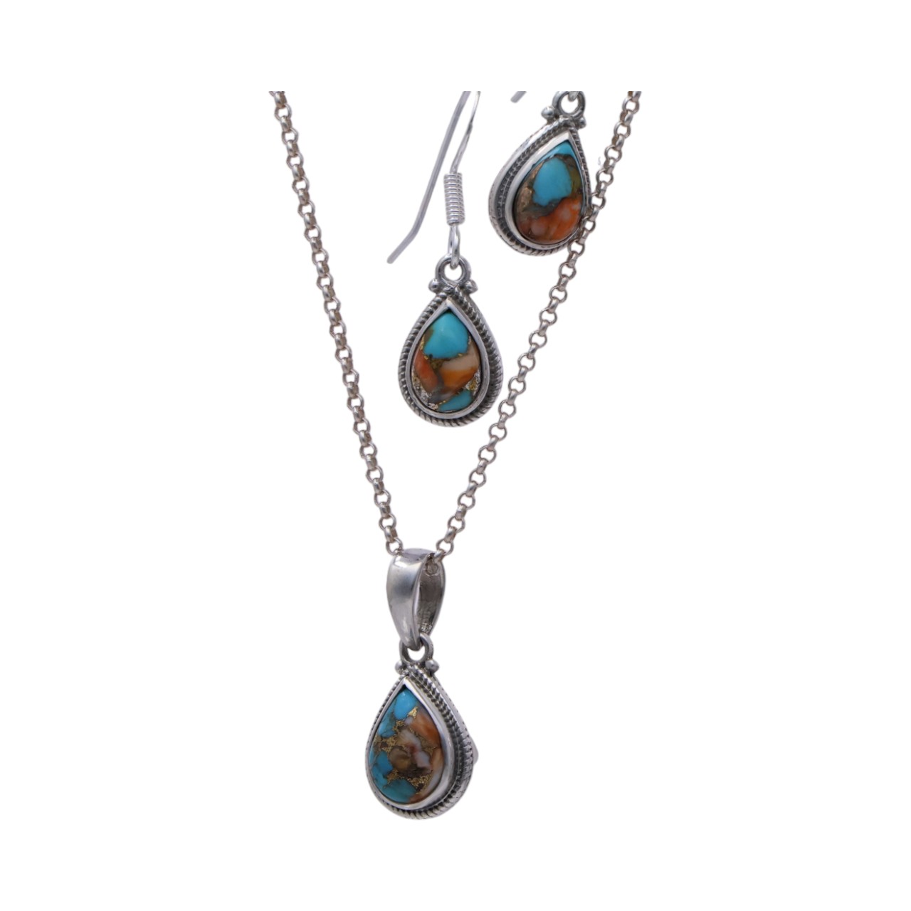 Oyster Copper Turquoise Tear Drop Set: Pendant and Earrings | for - Image 6