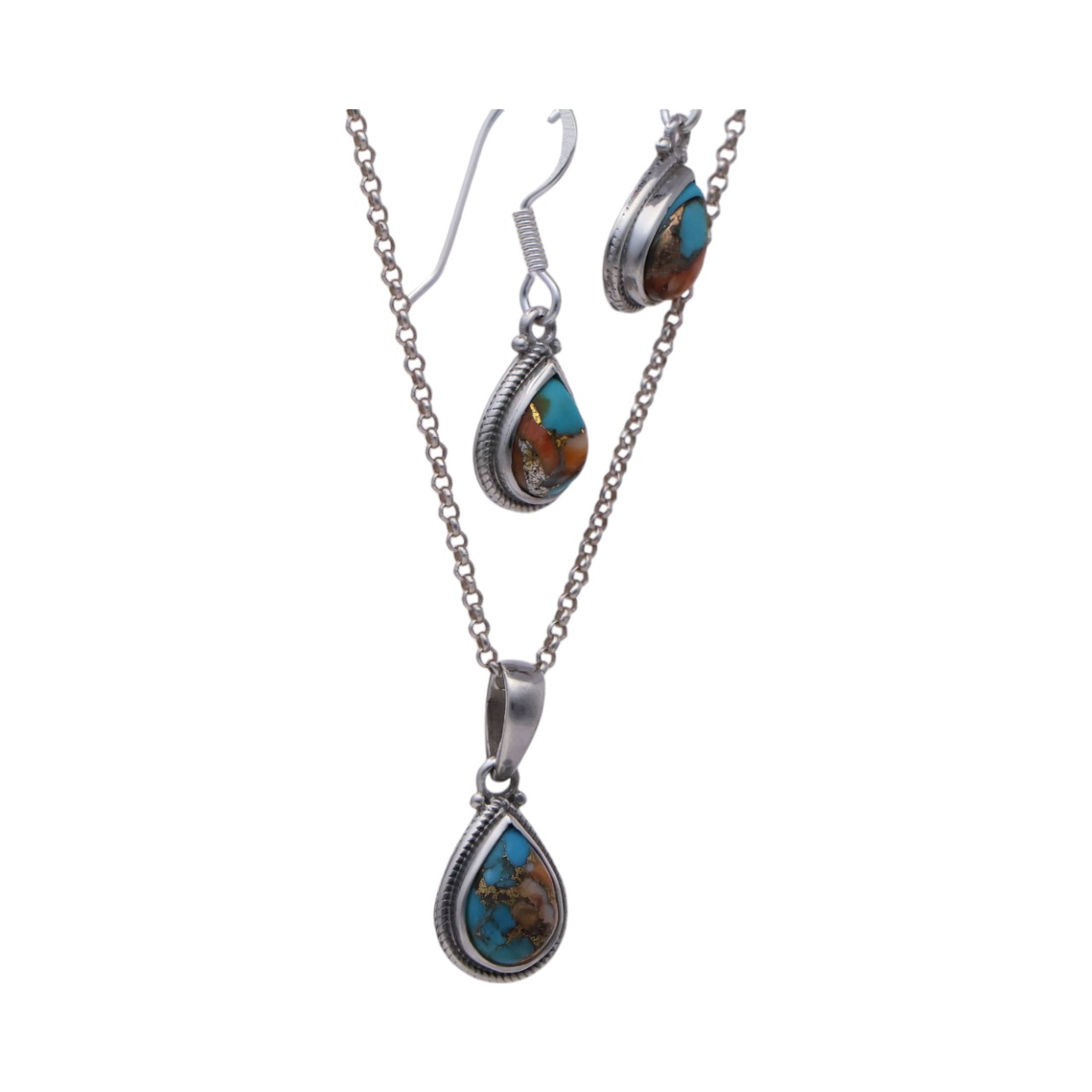 Oyster Copper Turquoise Tear Drop Set: Pendant and Earrings | for - Image 3