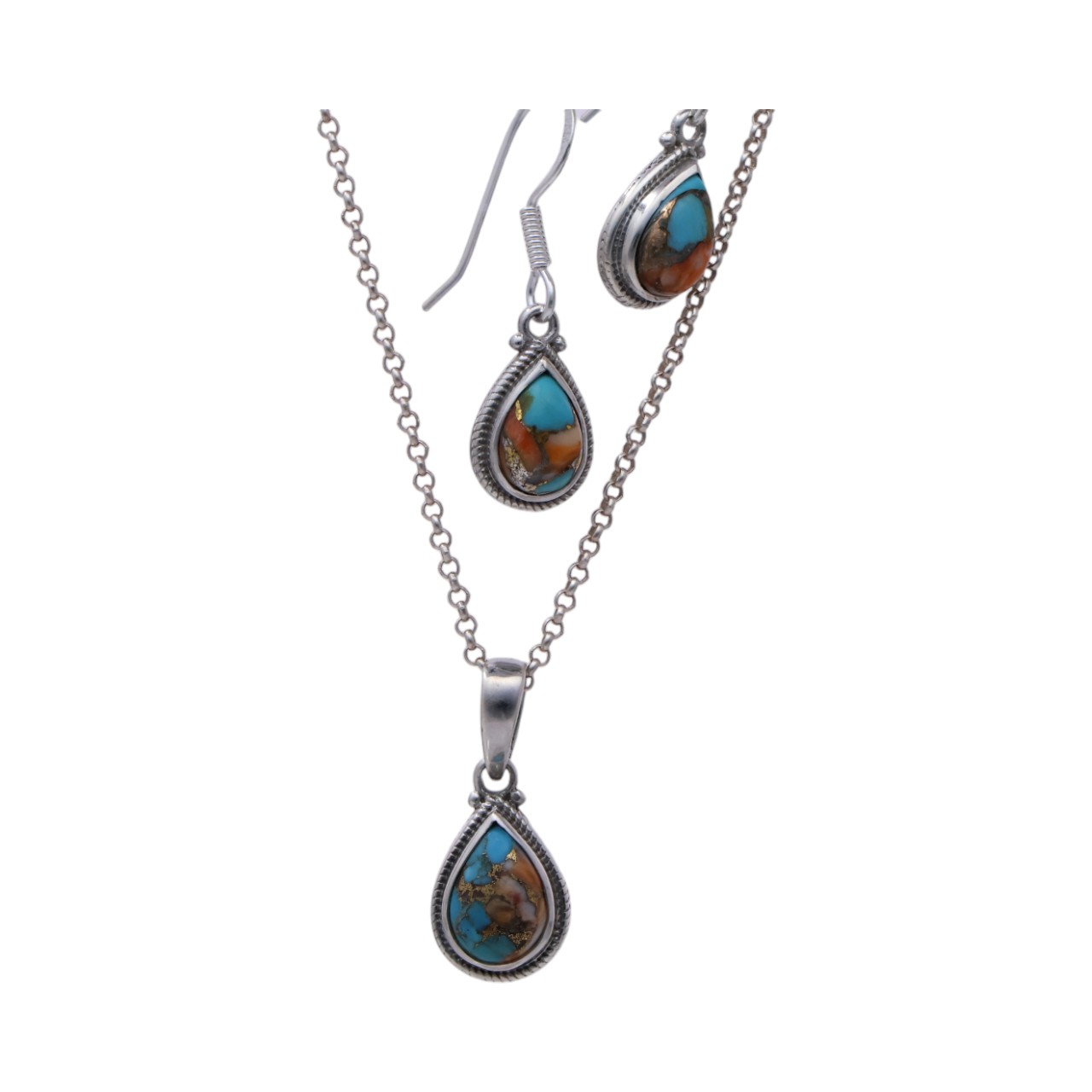 Oyster Copper Turquoise Tear Drop Set: Pendant and Earrings | for - Image 2