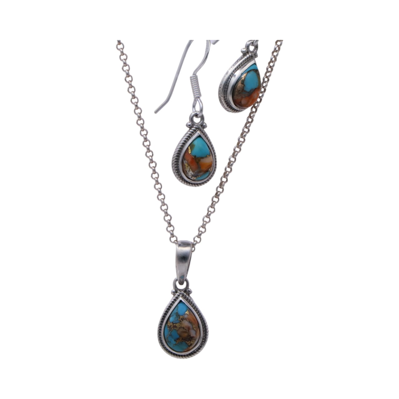 Oyster Copper Turquoise Tear Drop Set: Pendant and Earrings | for