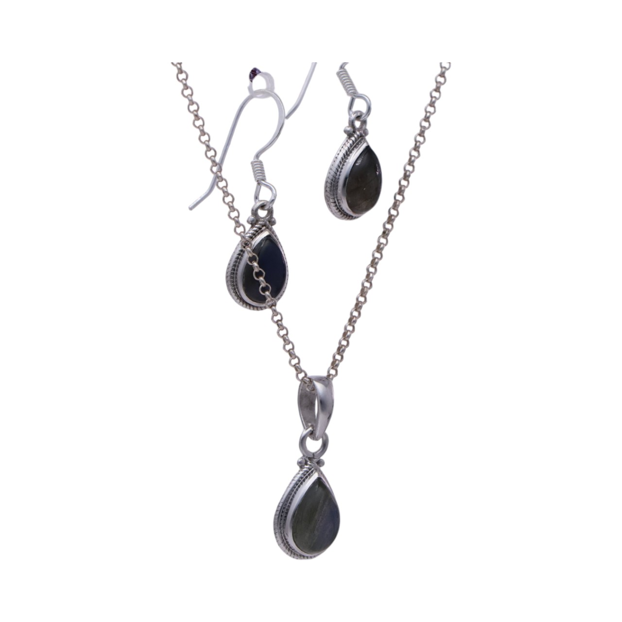 Labradorite Tear Drop Set: Sterling Silver Pendant and Earrings - crafted - Image 7
