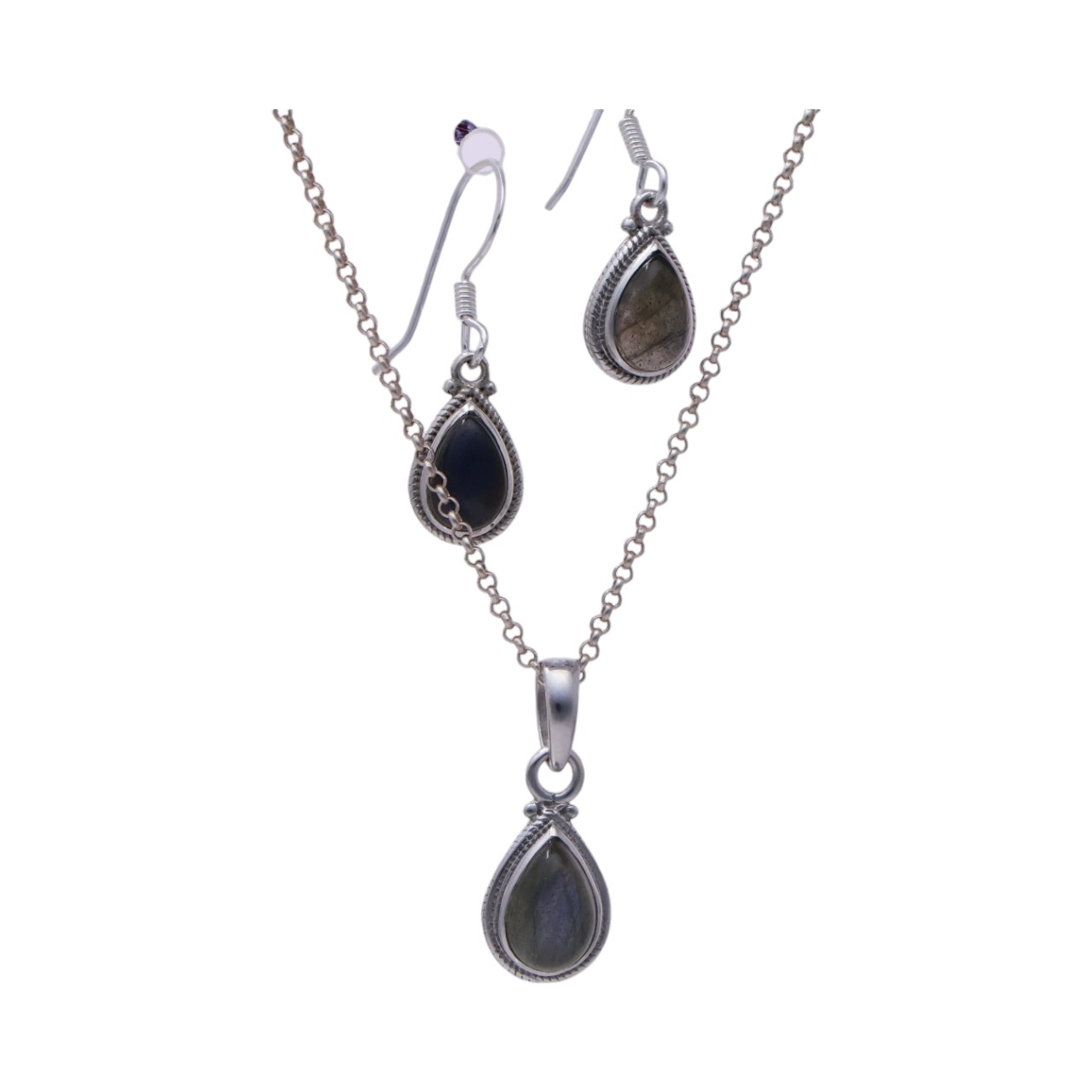 Labradorite Tear Drop Set: Sterling Silver Pendant and Earrings - crafted - Image 6
