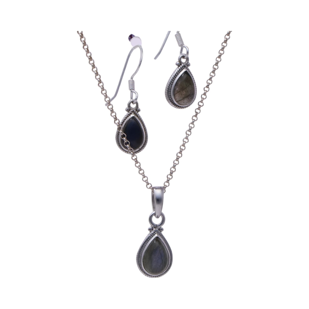 Labradorite Tear Drop Set: Sterling Silver Pendant and Earrings - crafted - Image 5