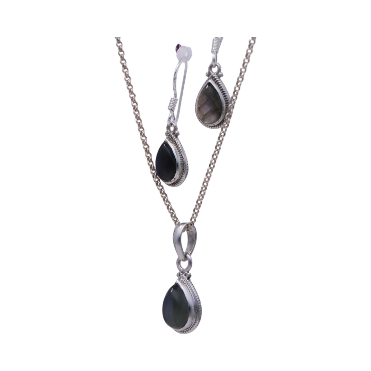 Labradorite Tear Drop Set: Sterling Silver Pendant and Earrings - crafted - Image 3