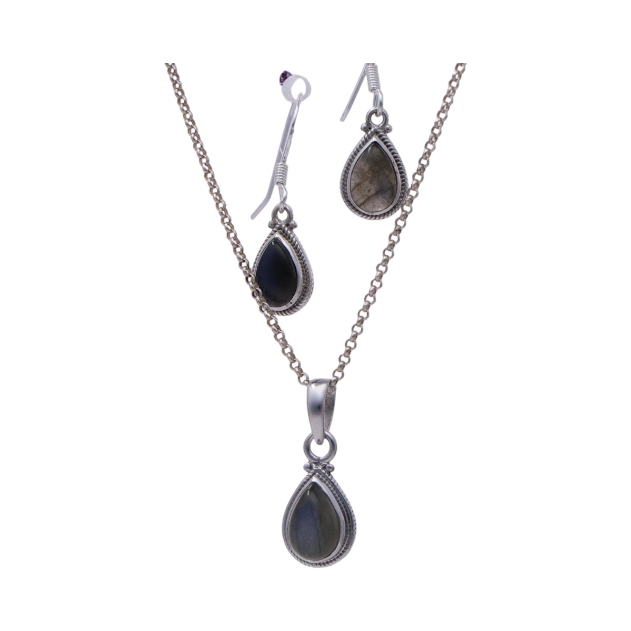 Labradorite Tear Drop Set: Sterling Silver Pendant and Earrings - crafted