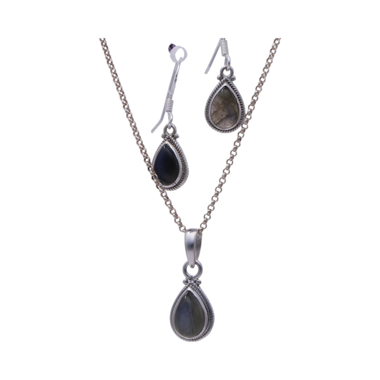 Labradorite Tear Drop Set: Sterling Silver Pendant and Earrings - crafted - Image 2